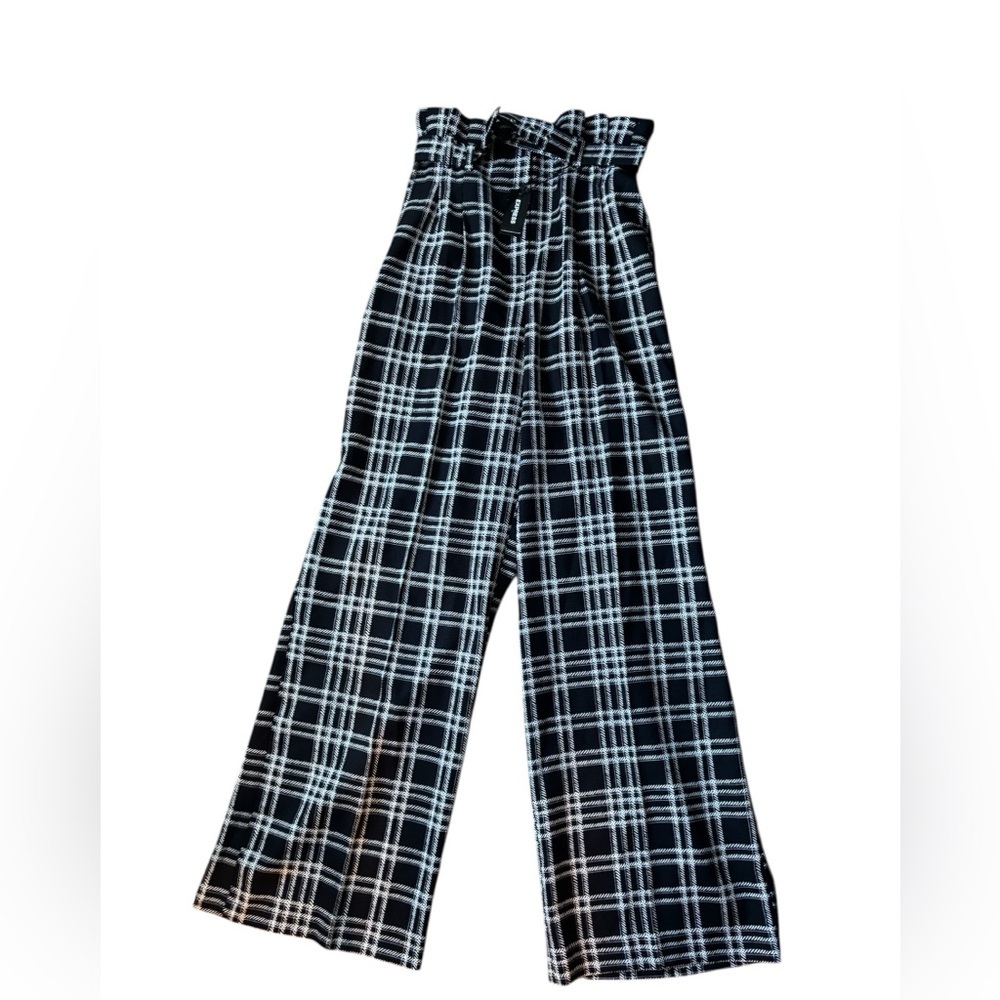 VTG Express High Rise Wide Leg Belted Pant Black White Check Sz 4R Palazoo Casua